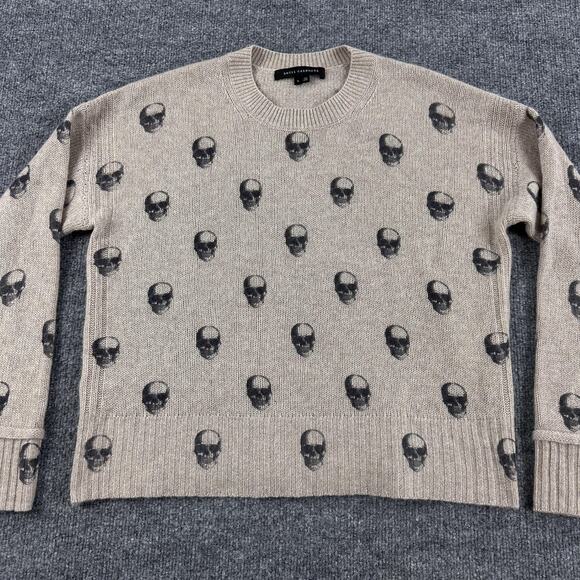 Skull Cashmere Sweater Womens Small Intarsia Skull Print Cream Crewneck Knit - Picture 3 of 11